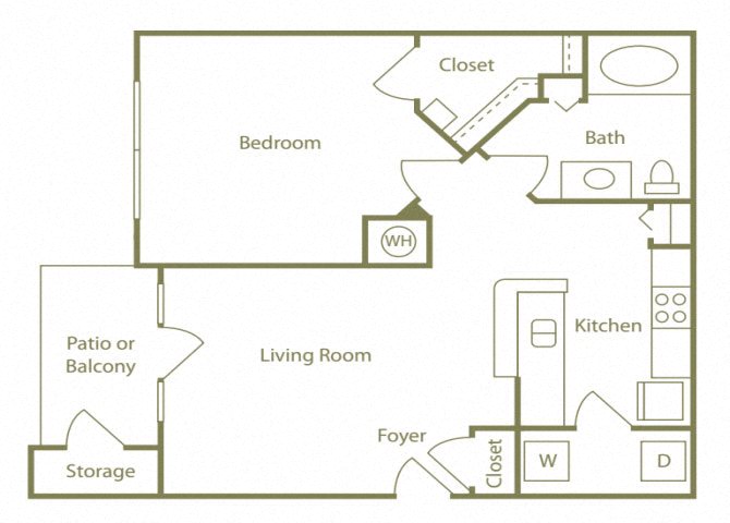 Floor plan for 1 bed, 1 bath, 750 sqft